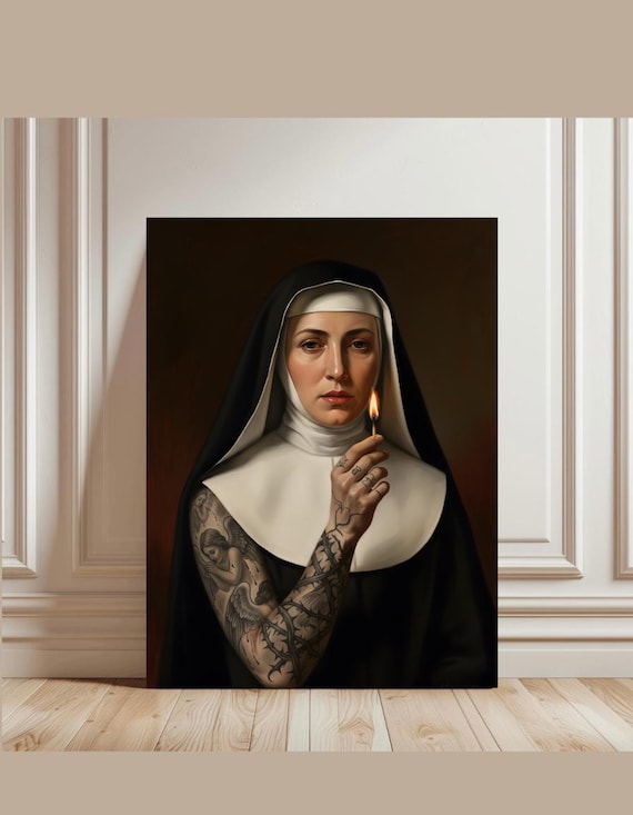 Tattooed Nun Wall Art Digital Download | Edgy Neo-Traditional Tattoo Flash Print | Gothic Home Decor PNG | 300dpi High-Res File