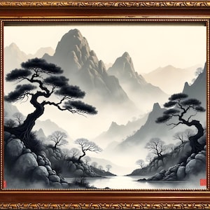 Chinese Landscape Painting, Greyscale Vintage Chinese Ink Art, Asian Art, Muted Ink Art, Asian Landscape Art, Home Decor