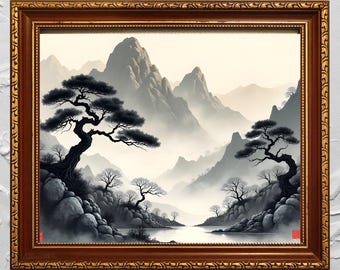 Chinesische Landschaftsmalerei, Vintage chinesische Tuschemalerei, asiatische Kunst, gedämpfte Tinte Kunst, asiatische Landschaftskunst, modernes Wohndekor