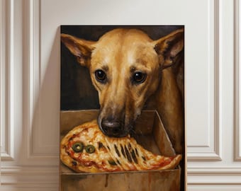 Funny Dog Eating Pizza Wall Art Print - Rescue Potcake Dog Digital Download PNG 300dpi Humorous Pet Portrait