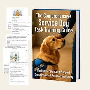 May include: A book titled "The Comprehensive Service Dog Task Training Guide" with a golden retriever on the cover. The dog wears a blue vest that says "Service Dog." The book also includes text about medical and psychiatric support.