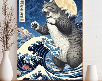 Funny Cat Japanese Wall Art PNG |  Cat Print | Ukiyo-e Style Digital Download | Kaiju Cat Home Decor | Instant Printable Art