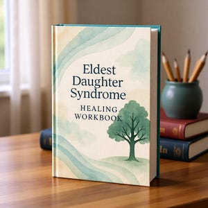 May include: A hardcover book titled "Eldest Daughter Syndrome Healing Workbook" with a watercolor illustration of a tree and rolling hills. The book is on a wooden surface with other books and pencils in the background.
