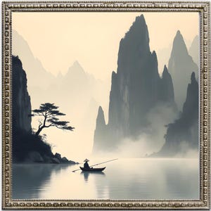 Chinese Landscape Painting, Vintage Chinese Ink Art, Asian Art, Muted Ink Art, Asian Landscape Art, Home Decor, Digital Art