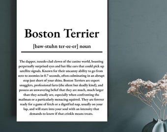 Boston Terrier Definition Wall Art Print | Digital Downloadable Dog Breed Art | Humorous Pet Lover Gift | Instant PNG Print