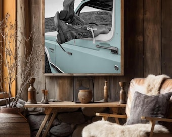 Stivali da cowgirl fuori dal finestrino del camion, stampabile, decorazione murale in formato PNG digitale, download digitale, foto in bianco e nero, decorazione vintage western a 300 DPI