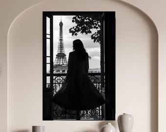 Paris Wall Art Black and White Print, Eiffel Tower Silhouette Poster, High Fashion Photography, Parisian Chic Decor, Digital Download PNG