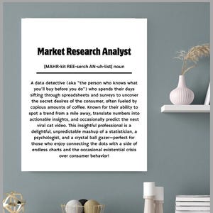 Peut inclure: Impression encadrée blanche avec le texte "Market Research Analyst" en gras noir. La définition ci-dessous décrit le rôle d'un analyste en études de marché. L'impression est affichée sur un mur gris avec des objets décoratifs.