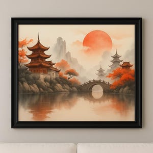 Vintage Chinese Ink Art, Asian Art, Muted Ink Art, Asian Landscape Art, Home Decor, Chinese Landscape Painting Digital Art