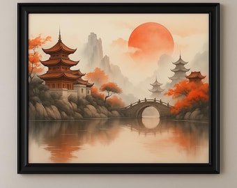 Vintage chinesische Tuschemalerei, asiatische Landschaftskunst, chinesische Landschaftsmalerei, chinesische Landschaftsmalerei