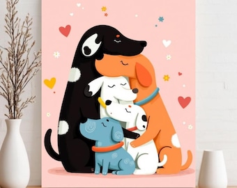 May include: A framed print featuring a group of cartoon dogs hugging each other. The dogs are black, orange, white, and blue, with hearts and stars scattered around them on a pink background. The print is displayed on a wooden surface.