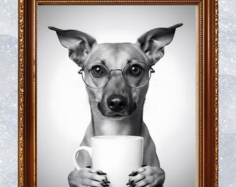 Impresión artística de pared con un divertido perro Potcake tomando café