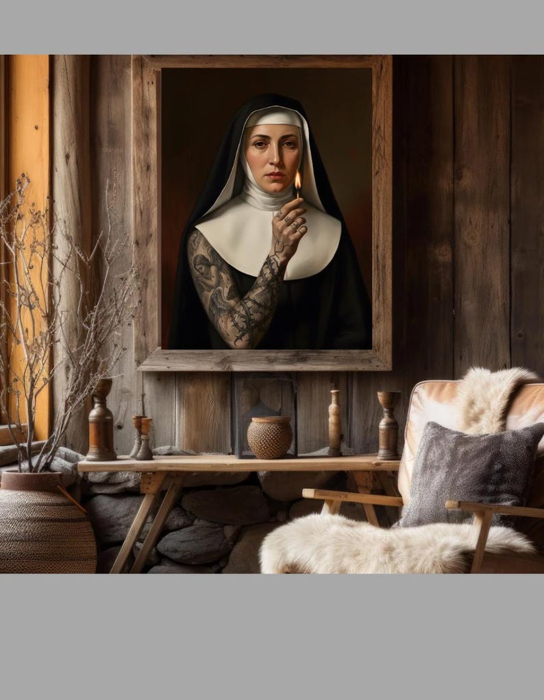 May include: A framed portrait of a nun holding a lit match, set against a rustic wooden backdrop. The nun wears a traditional black habit with a white collar and veil. Her arm is covered in intricate tattoos. The room features a wooden table with decorative items.