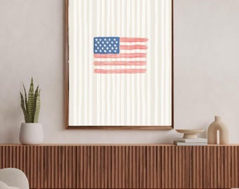 Coastal American Flag Wall Art Print Digital Download PNG 300dpi - Preppy Patriotic Beach House Decor, Trendy Dorm Aesthetic Poster