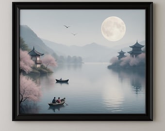 Chinesische Landschaftsmalerei, Vintage chinesische Tuschemalerei, asiatische Kunst, asiatische Landschaftskunst, Wohndekor, digitale Kunst