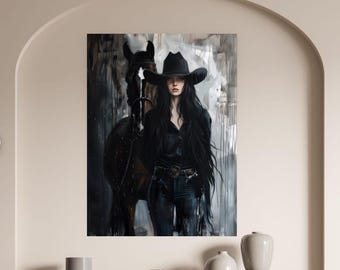 Cowgirl Wall Art Digital Download, Moody Western Portrait Print, Rustic Country Decor PNG, High-Res 300dpi Printable File