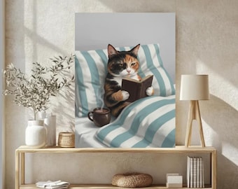 Funny Cat Reading Wall Art: Black Cat Book Lover Digital Print, Quirky Home Library Decor, Cute Reading Room Poster, Instant Download PNG