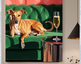 May include: A painting of a dog lounging on a green tufted sofa with a glass of champagne on a side table. The dog is light brown with a white chest. The background is a coral color.