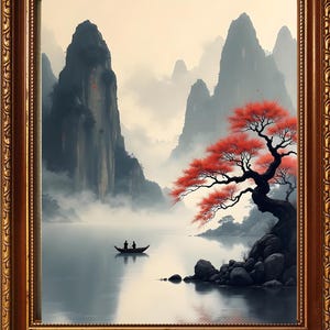 Chinese Landscape Painting, Greyscale Vintage Chinese Ink Art, Asian Art, Muted Ink Art, Asian Landscape Art, Home Decor