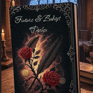 Könnte beinhalten: Ein gebundenes "Finance & Budget Tracker" Notizbuch. Der schwarze Einband ist mit Zierwerk verziert und zeigt rote Rosen, eine Feder und Goldmünzen. Der Titel ist in eleganter Schrift geschrieben.