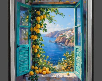 Könnte beinhalten: Gerahmtes Gemälde einer Küstenlandschaft, die durch ein Fenster mit türkisfarbenen Fensterläden betrachtet wird. Zitronen und Blätter umranken das Fenster und blicken auf ein blaues Meer und ein Bergdorf. Das Kunstwerk ist silber gerahmt.