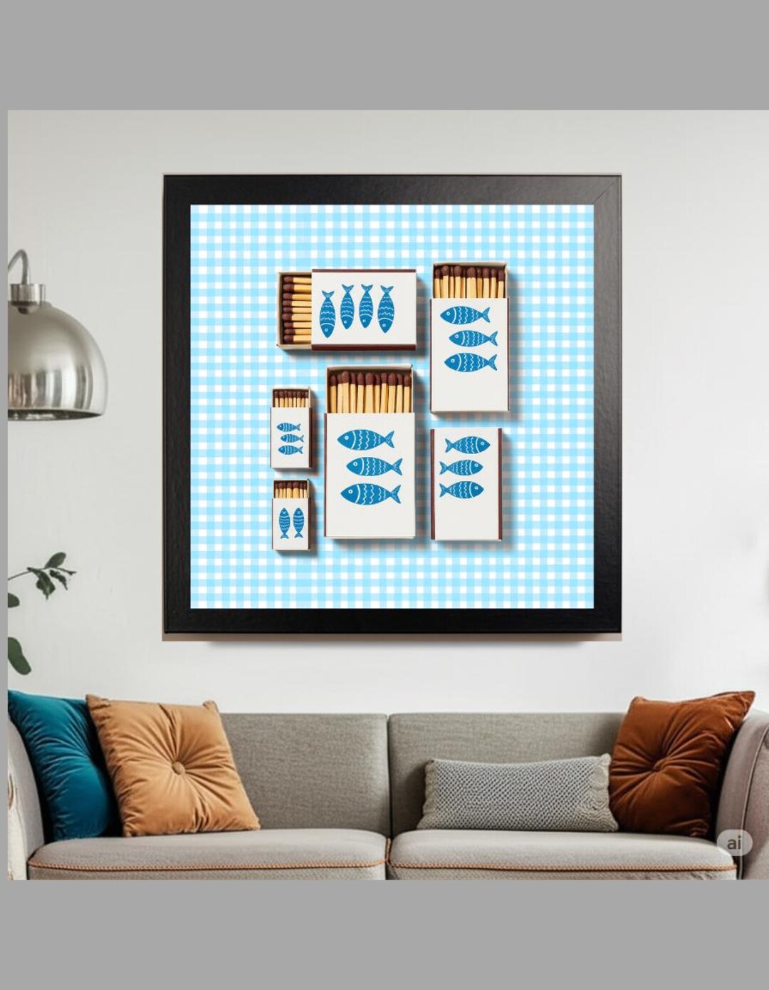Gingham Coastal Fish Matchbox Art Print PNG - Nautical Home Decor ...