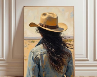 Cowgirl Oil Painting Digital Download, Rustic Farmhouse Decor, Country Home Wall Art JPEG