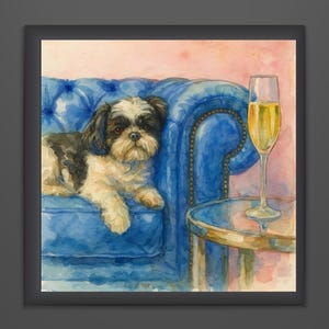 Shih Tzu Champagne Wall Art | Watercolor Dog Print | Funny Pet Portrait Digital Download | Sophisticated Dog Lover Gift | Instant JPG File