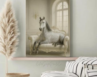 Whimsical Horse on Sofa Wall Art Digital Download PNG 300 DPI Printable Funny Animal Lounge Fantasy Equestrian Nursery Decor Print
