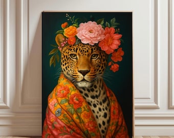 Leopard Floral Wall Art Print, Maximalist Animal Poster, Vintage Style Digital Download, Eclectic Home Decor, Moody Animal Portrait
