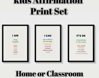 Kids Affirmation Prints Set of 3, Positive Wall Art for Kids Room, Student Classroom Decor, Growth Mindset Printable, Digital Download PNG