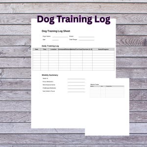 May include: A white Dog Training Log sheet with the title "Dog Training Log" in purple. The sheet includes sections for daily and weekly logs, with spaces for dog's name, breed, and date range. The background is a wooden surface.