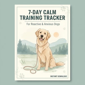 Könnte beinhalten: Ein druckbarer 7-Tage-Calm-Training-Tracker für reaktive und ängstliche Hunde. Das Bild zeigt eine Illustration eines Golden Retrievers auf Gras mit Leine, Bergen und dem Text "7-Day Calm Training Tracker".