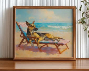 Impresión artística de perro playero Potcake / Decoración relajante de pared canina / Regalo para amantes de los perros costeros / Descarga digital JPG