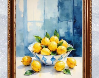 May include: A framed painting of a still life featuring a bowl of lemons. The lemons are yellow with green leaves, set against a blue and white patterned bowl. The painting is in a brown ornate frame.