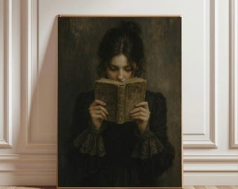Victorian Woman Reading Bookish Wall Art Print, Dark Academia Decor, Moody Reader Portrait, Vintage Library Decor, Gothic Literary Lover Art