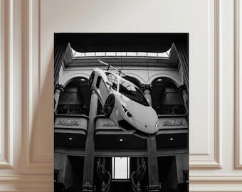 Black and White Retro Flying Car Poster Hypebeast Room Decor Automotive Digital Print Luxury Supercar PNG 300dpi