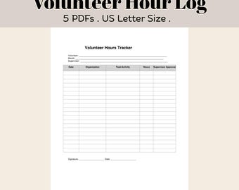 Volunteer Hour Tracker Log Printable PDF | 5 Variations Community Service Tracker | Student Time Sheet for Non-Profit Organizations