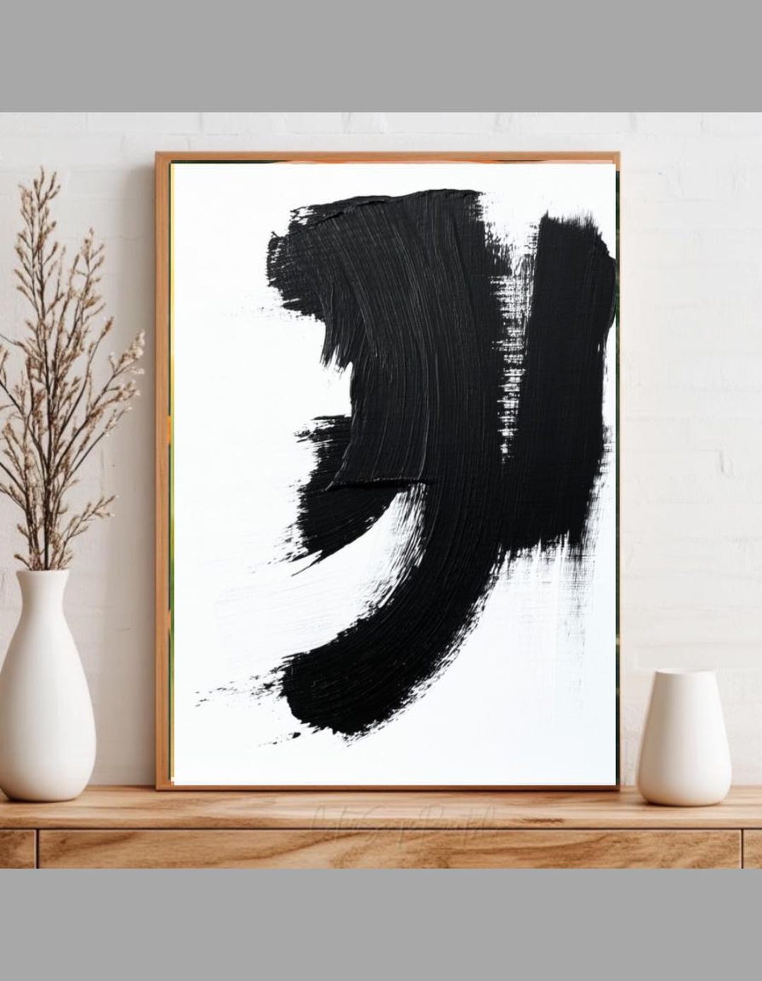 Black and White Abstract Wall Art Print, Minimalist Brushstroke Digital ...