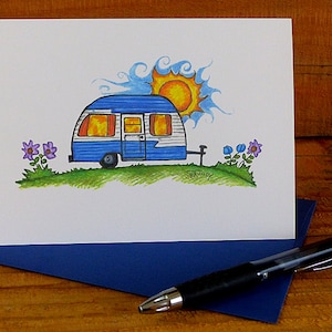 Vintage Camper, blank greeting card, retro trailer, summer camping, happy camper, outdoor living, vintage trailer, road trip, travelling