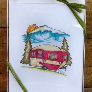 vintage camper note cards, travel trailer, camping in the mountains, blank inside, boxed set, camping and outdoors
