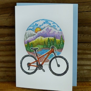 Mountain Bike, greeting card, blank inside, bicycle art, mountain scene