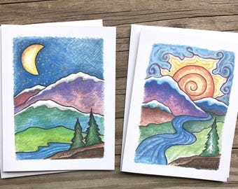 Mountain Sunrise & Moon Note Cards - Set of 6, Blank Inside