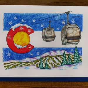 Colorado flag with gondola, greeting card, blank inside, mountain scene, ski gondola colorado