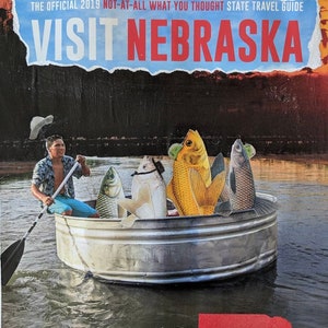 Visit Nebraska - Collage Art Print, Vintage Style, Multiple Sizes - Fish Tourism Summer Collage - Archival Pigment Print - Midwest