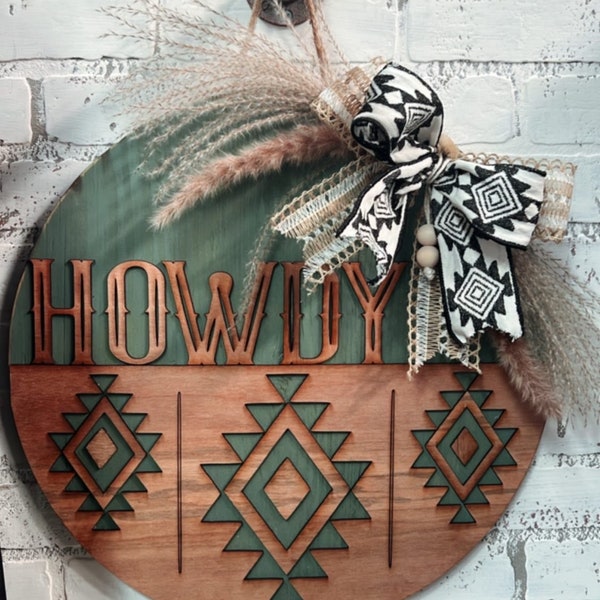 Western Howdy Aztec Wall Decor 18” Round Welcome Door Wreath Porch Sign distressed