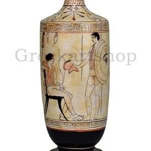 Warrior soldier  and Woman Lekythos Ceramic Vase Ancient Greek Pottery Museum copy Athens