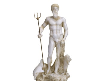 Poseidon with dolphins Greek Roman God of the Sea Neptune Cast Marble Statue Sculpture 9.65in - 24,5 cm