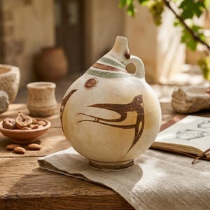 Może przedstawiać: Okrągłe ceramiczne naczynie z wąską szyjką i pojedynczym uchwytem, ozdobione ręcznie malowanymi brązowymi motywami ptaków, symbolem słońca i zielonymi poziomymi pasami na kremowym tle. Ceramika posiada zaokrąglony korpus oraz niewielką okrągłą podstawę.