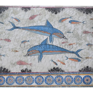 Dolphins Minoan Fresco (2000-1500 BC) painting Handpainted on Plaster knossos Palace Crete